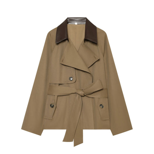Damen nan kurz geschnittener Trenchcoat mit kontrastierendem Kunstlederkragen, Doppelreiher und Taillengürtel Drune