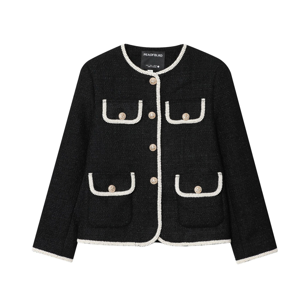 Damen nan kastige Bouclé-Jacke mit kontrastpaspel, vier Zier-Fronttaschen und goldenen Schmuckknöpfen Drune
