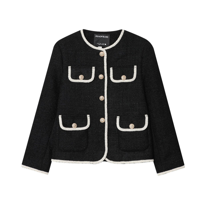Damen nan kastige Bouclé-Jacke mit kontrastpaspel, vier Zier-Fronttaschen und goldenen Schmuckknöpfen Drune