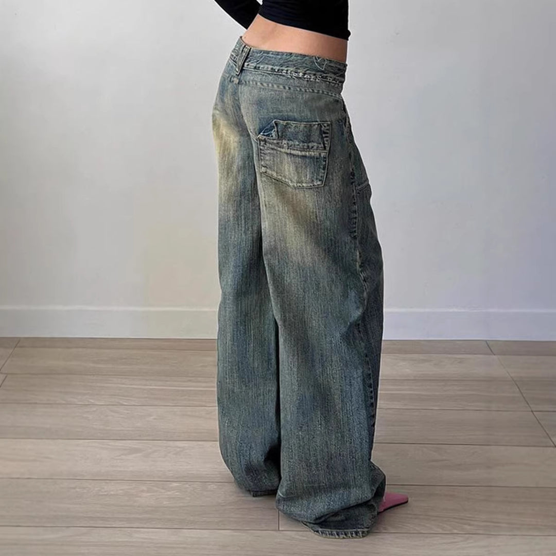 Damen nan weite Low-Rise Baggy-Jeans mit markanten V‑Nahtpaneelen und aufgesetzten Fronttaschen Drune
