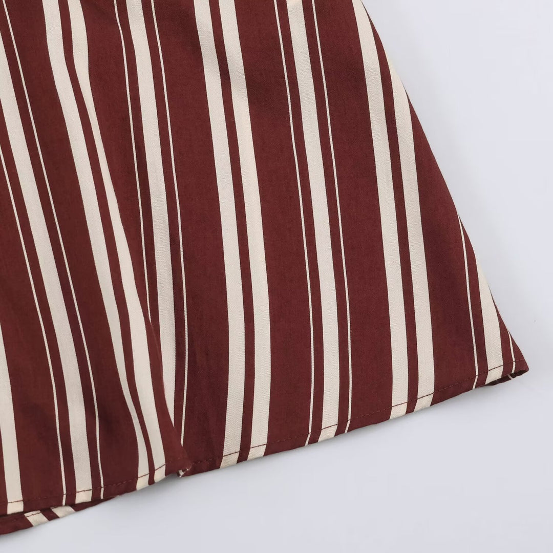 Damen Gestreiftes Hemdblusenkleid mit Kontrastkragen, Dreiviertelärmeln und Taillengürtel Drune