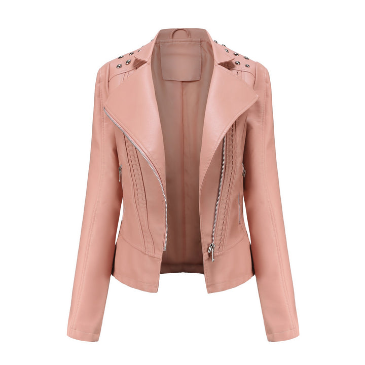 Damen nan taillierte Bikerjacke aus Kunstleder mit Nieten und asymmetrischem Reißverschluss Drune