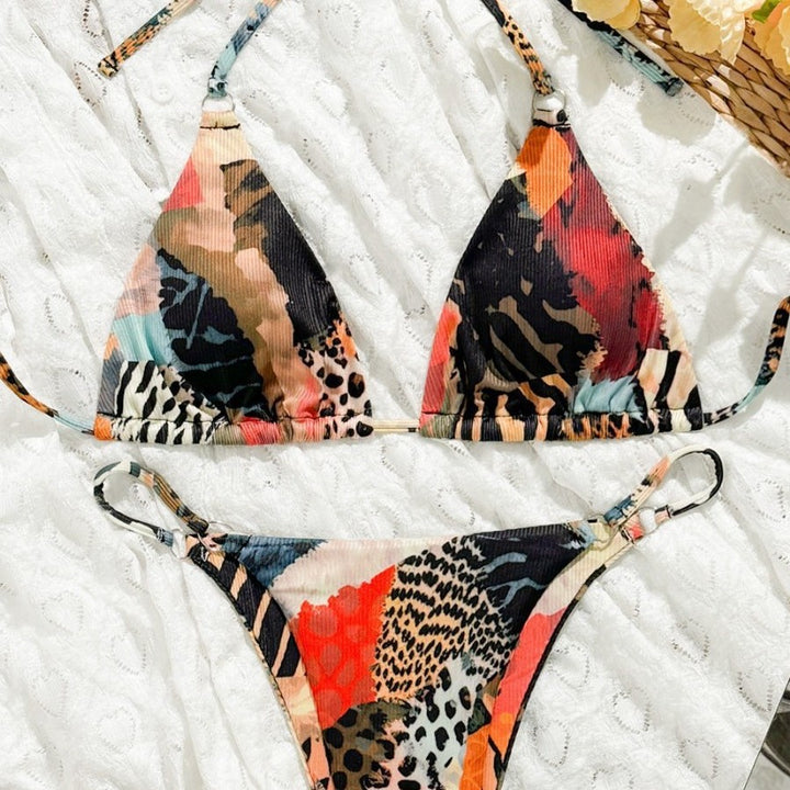 Damen Triangel-Bikini mit buntem Muster und verstellbaren Trägern Drune