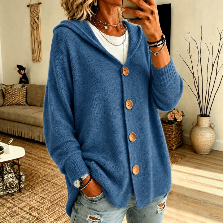 Damen Kapuzen-Cardigan Oversize mit Holzknöpfen und Rippbündchen Drune