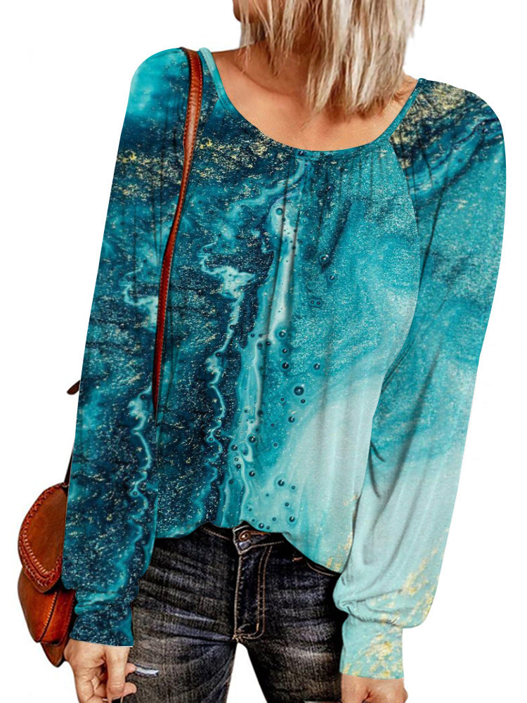 Damen Ethno-Print Oversize-Tunika mit Rundhalsausschnitt und langen Ballonärmeln Drune