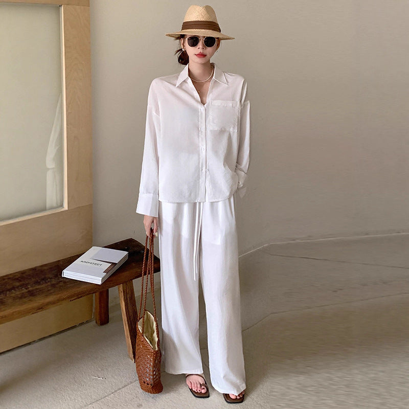 Damen Zweiteiliges Leichtes Loungewear-Set mit Oversize-Hemd und weiter Kordelbund-Hose Drune