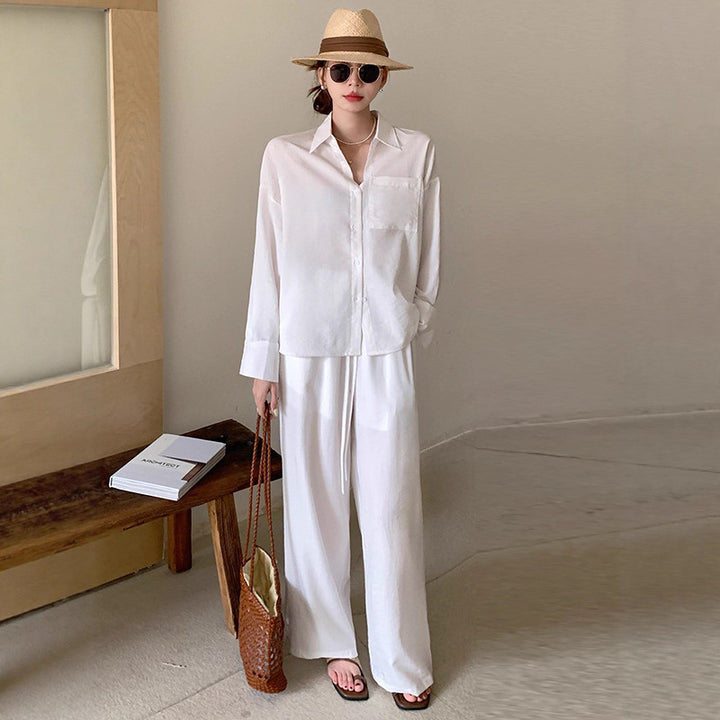 Damen Zweiteiliges Leichtes Loungewear-Set mit Oversize-Hemd und weiter Kordelbund-Hose Drune