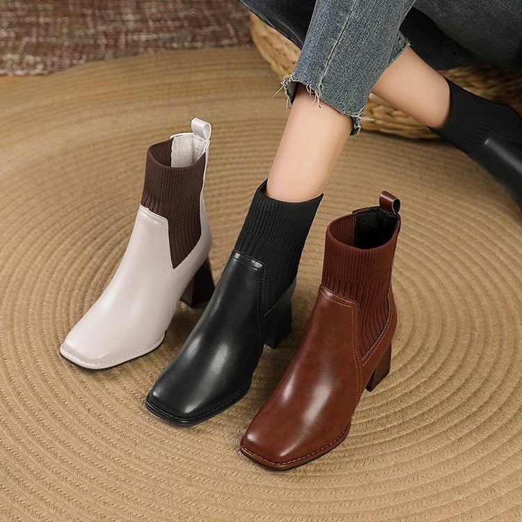 Damen Elegante Chunky Stiefeletten mit Strick-Einsatz Drune