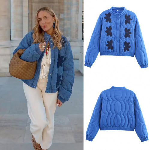 Damen gesteppte Jacke mit floralen Applikationen und elastischen Bündchen Drune