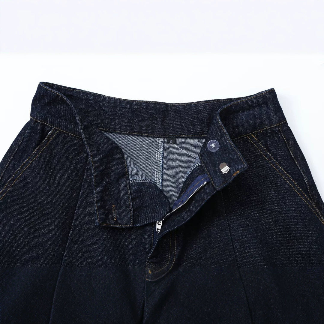 Damen Hochtaillierte weite Denim-Hose mit Bundfalten und zentraler Bügelfalte Drune