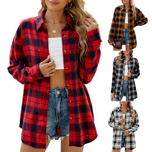 Damen Karierte Flanell-Hemdjacke mit lässigem Schnitt und Holzknopf-Details Drune