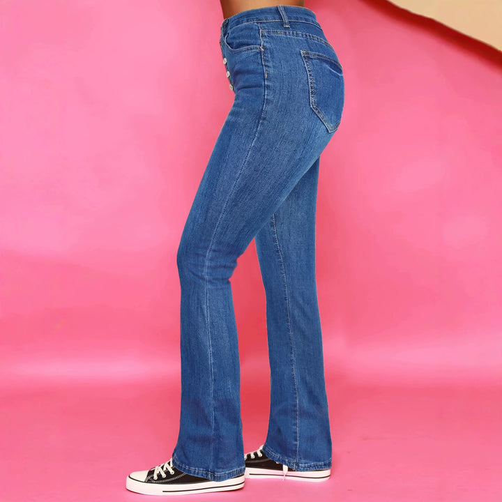 Damen sculpting Hochtaillierte Flared-Jeans mit sichtbarer Knopfleiste Drune