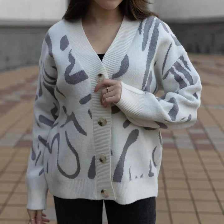 Damen weicher Strickcardigan mit modernem grafischen Muster Drune