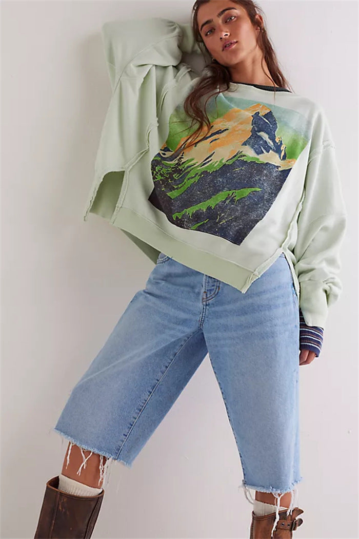 Damen oversized Sweatshirt mit Rüben-Print, ausgefransten Nahtakzenten und Daumenlochärmeln Drune