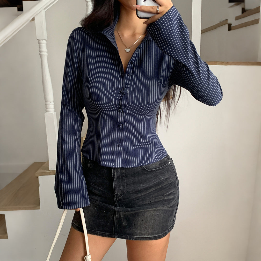 Damen nan taillierte Nadelstreifen-Bluse mit Hemdkragen und figurformender Knopfleiste Drune