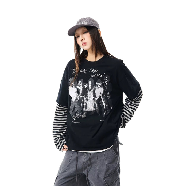 Damen Lässiges Oversized T-Shirt mit gestreiften Ärmeln Drune
