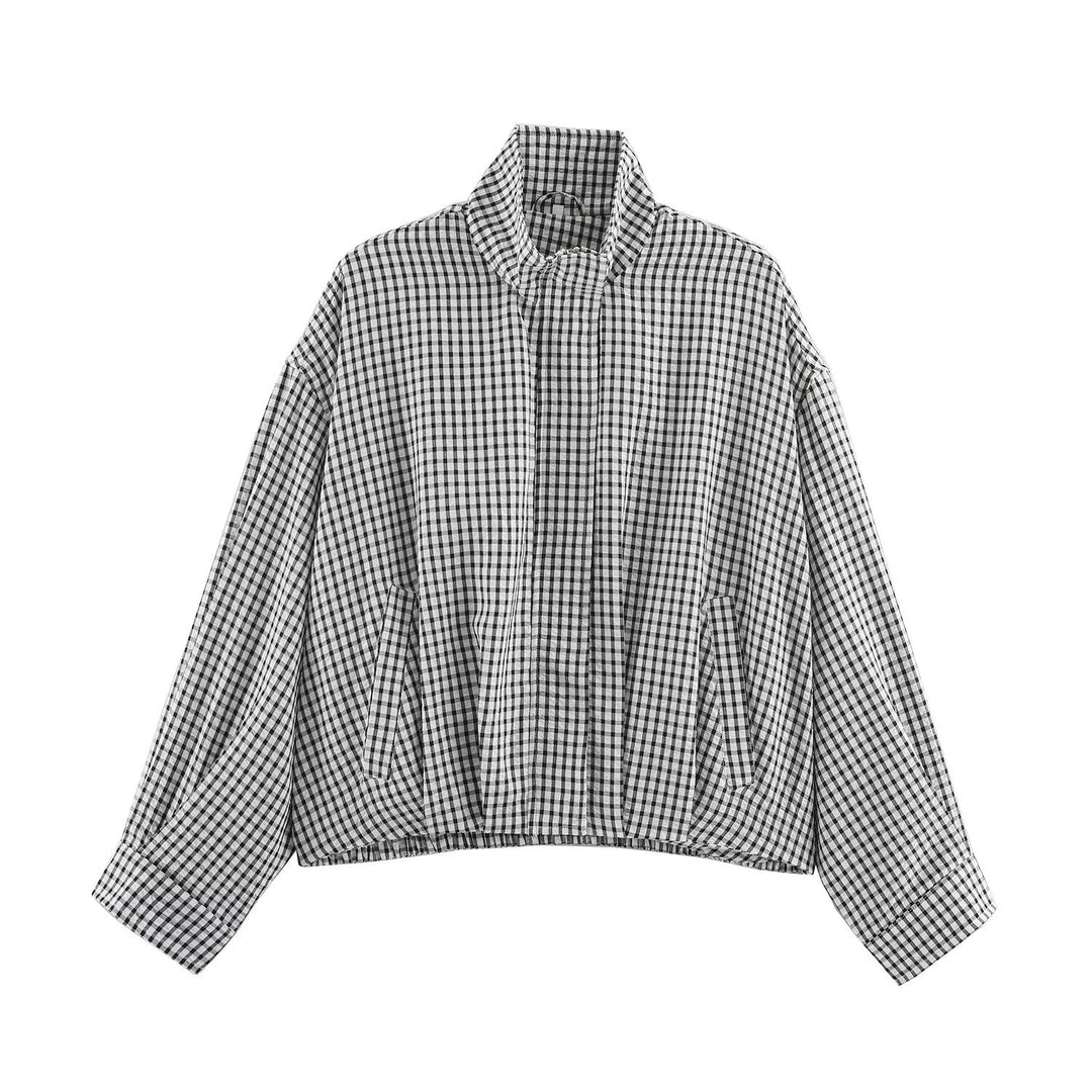Damen Karo-Übergangsjacke im Oversize-Cropped-Schnitt mit hohem Stehkragen Drune