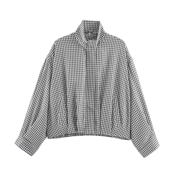 Damen Karo-Übergangsjacke im Oversize-Cropped-Schnitt mit hohem Stehkragen Drune