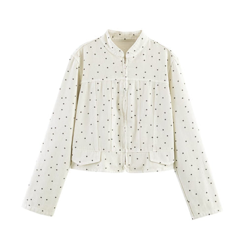 Damen Gepunktete Cropped-Jacke mit Stehkragen, Reißverschluss und aufgesetzten Taschen Drune