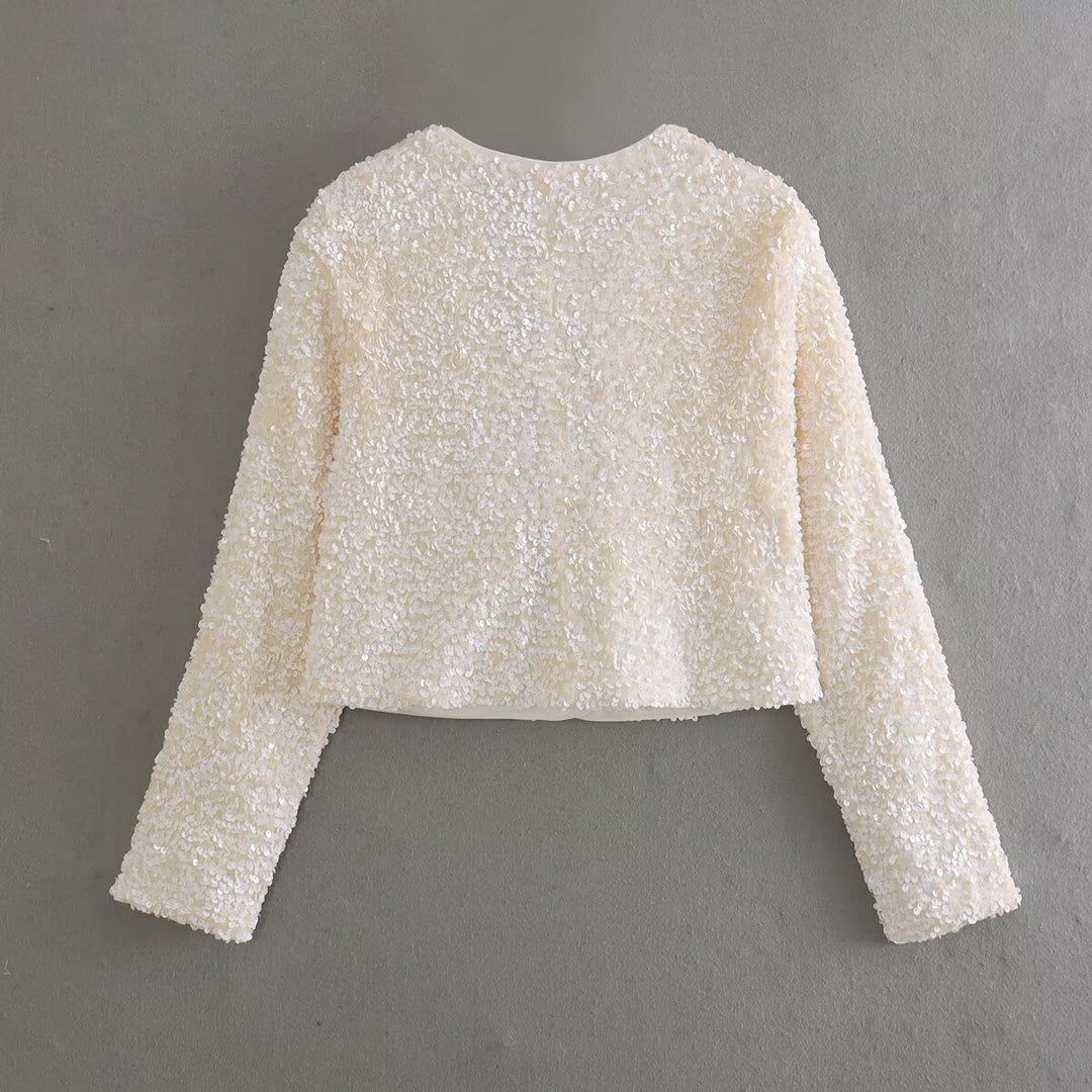Damen nan glitzernde Cropped-Bolerojacke mit Paillettenbesatz und dekorativen Satinschleifen Drune