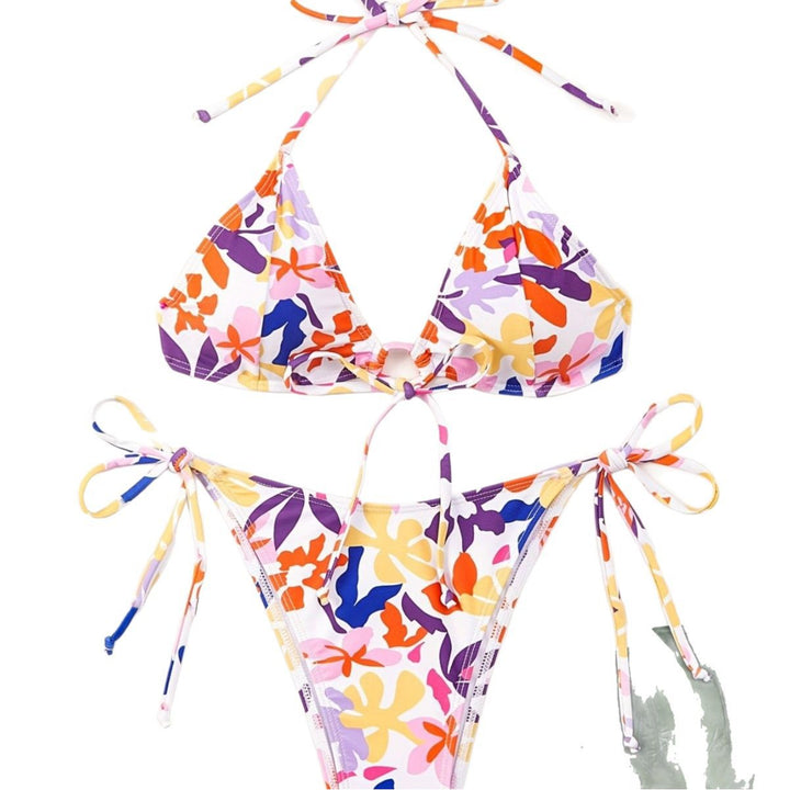 Damen Triangel-Bikini mit verstellbaren Schnüren und fröhlichem Blumenmuster Drune