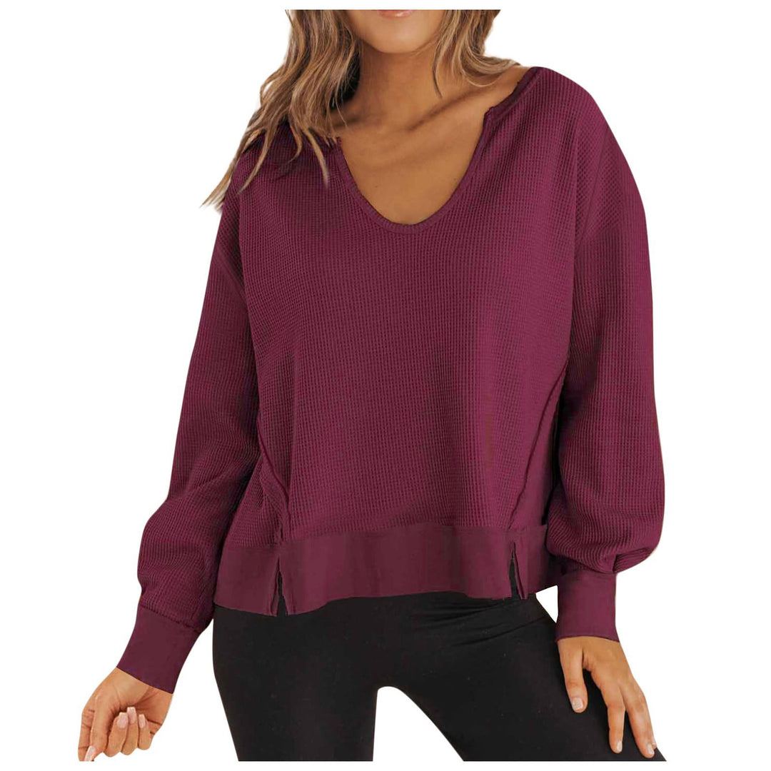 Damen lässiger Waffel-Pullover mit V-Ausschnitt und seitlichen Schlitzen Drune