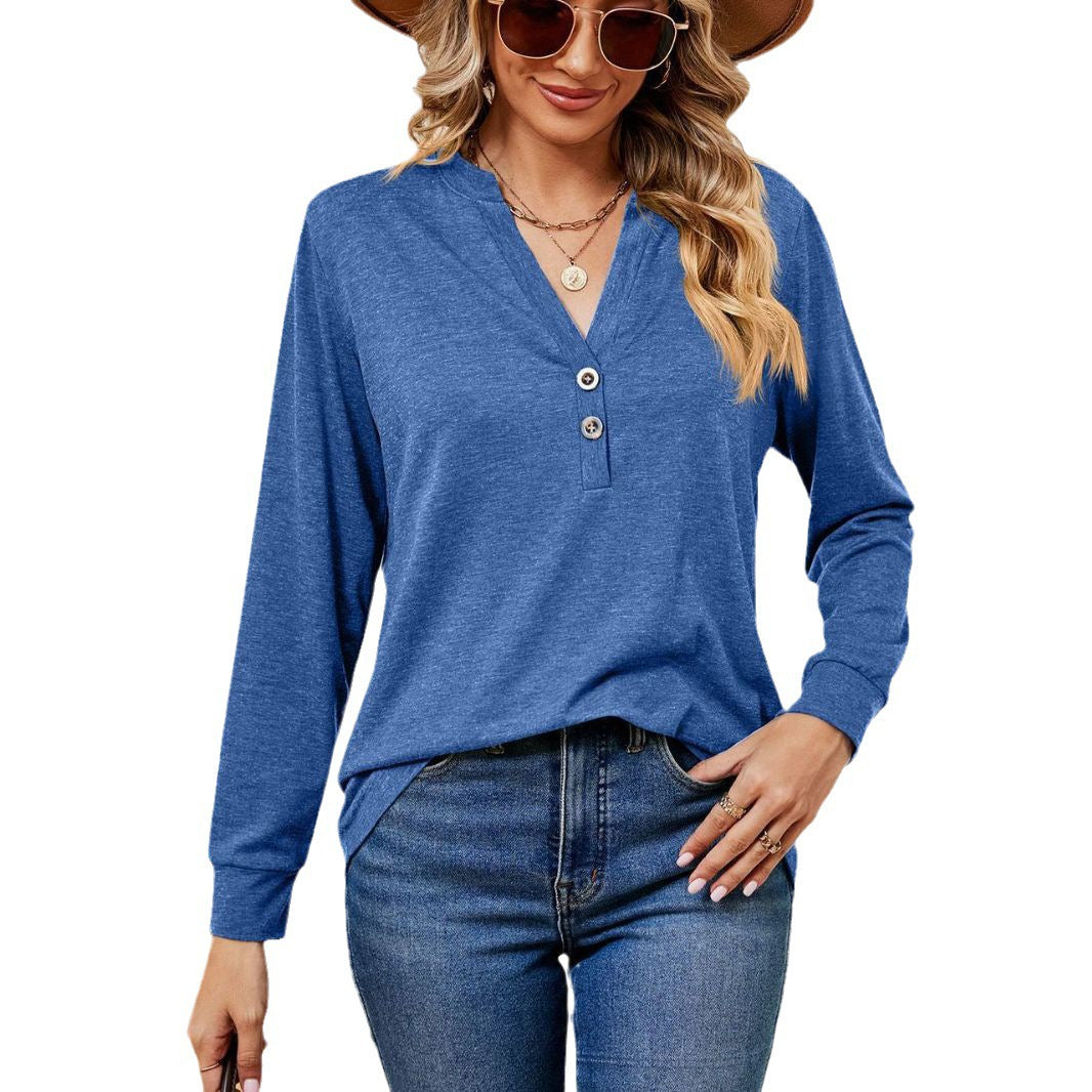 Damen Langarmtop mit modischem Henley-Ausschnitt und Knopfdesign Drune