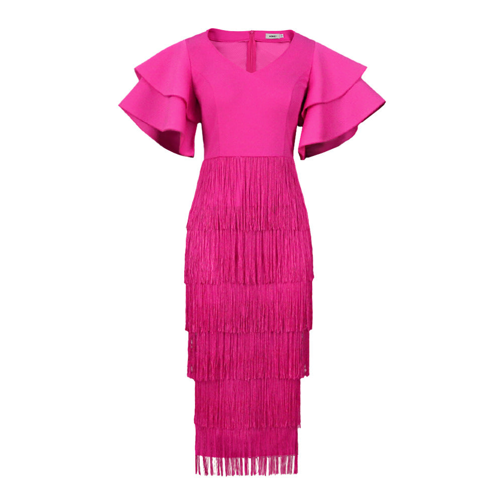 Damen Fransen Maxikleid mit voluminösen Rüschensäumen Drune