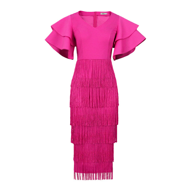 Damen Fransen Maxikleid mit voluminösen Rüschensäumen Drune
