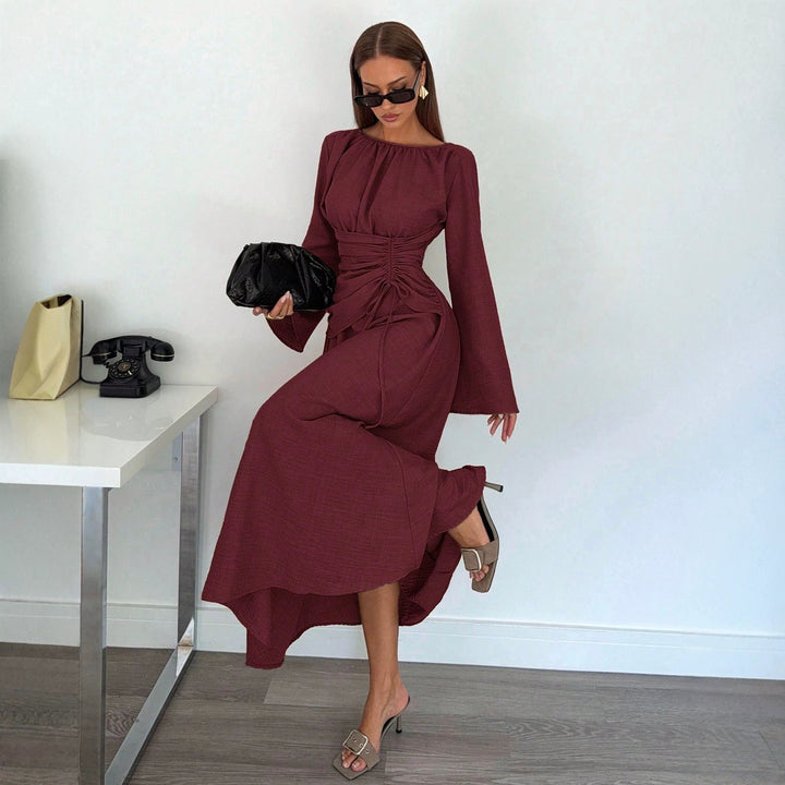Damen Maxikleid mit geraffter Taillen-Schnürung, weiten Ärmeln und fließendem Rock Drune