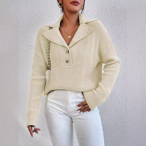 Damen eleganter und lässiger Strickpullover mit Kragen und Knopfleiste Drune