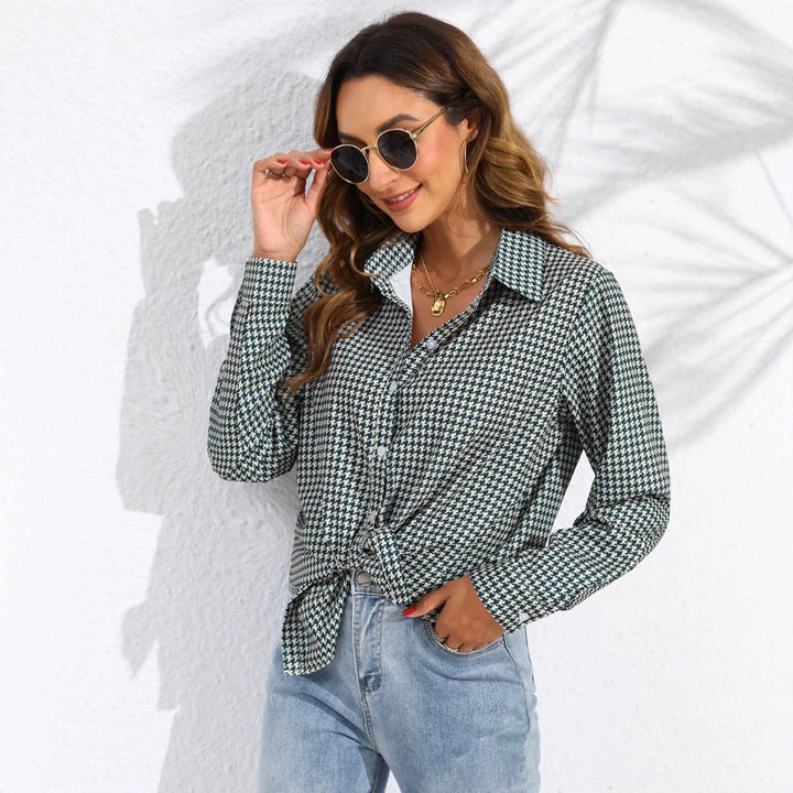 Damen nan geknotete Hahnentritt-Bluse mit Hemdkragen und durchgehender Knopfleiste Drune