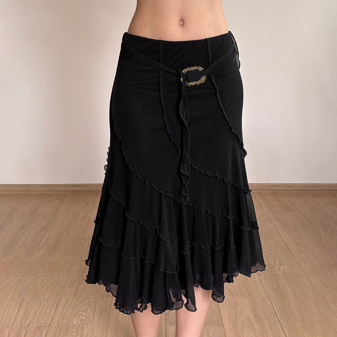 Damen Midirock aus Chiffon mit Lagen, asymmetrischen Nahtbahnen und Ziergürtel Drune