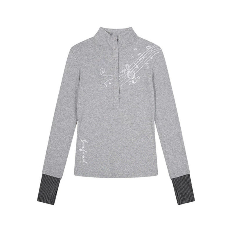 Damen Langarmshirt mit Henley-Knopfleiste, Kontrastbündchen und Notenprint Drune