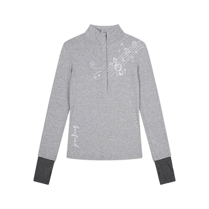 Damen Langarmshirt mit Henley-Knopfleiste, Kontrastbündchen und Notenprint Drune