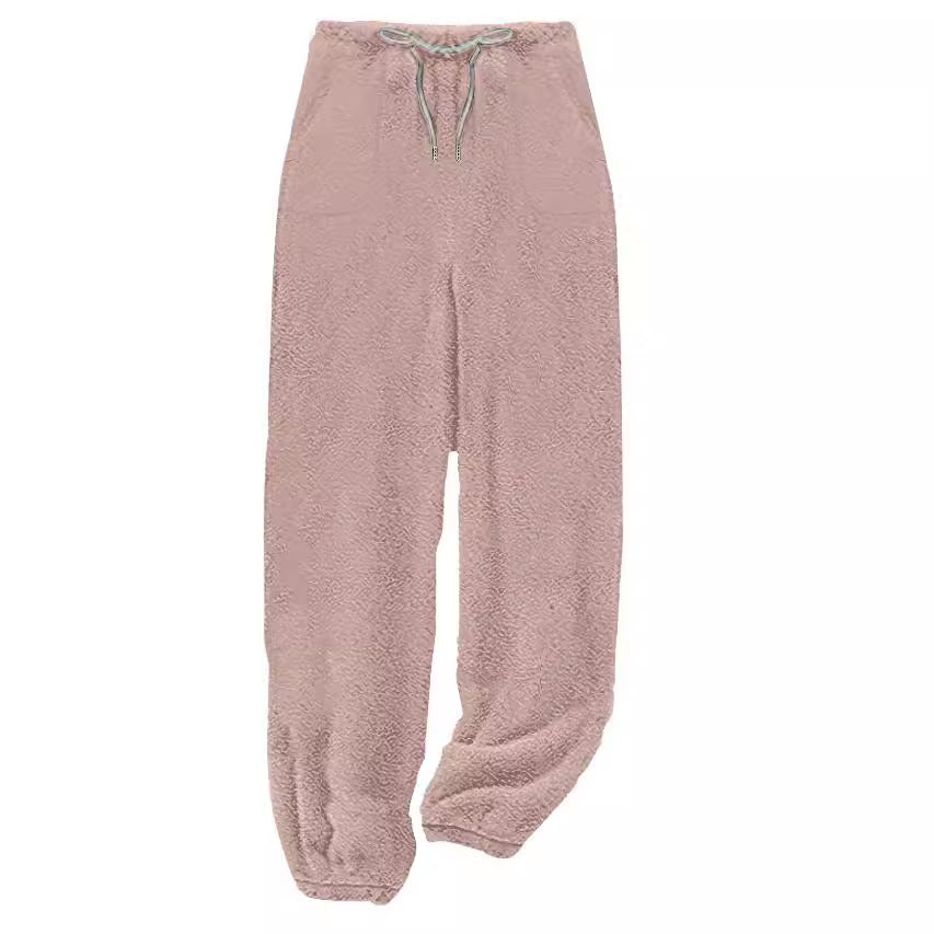 Damen nan kuschelige Sherpa-Fleece Loungehose mit Kordelzug, hoher Taille und elastischen Bündchen Drune