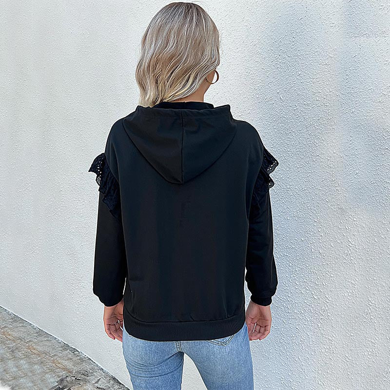Damen Kapuzenpullover mit Spitzenvolant, Kängurutasche & Rippbündchen Drune