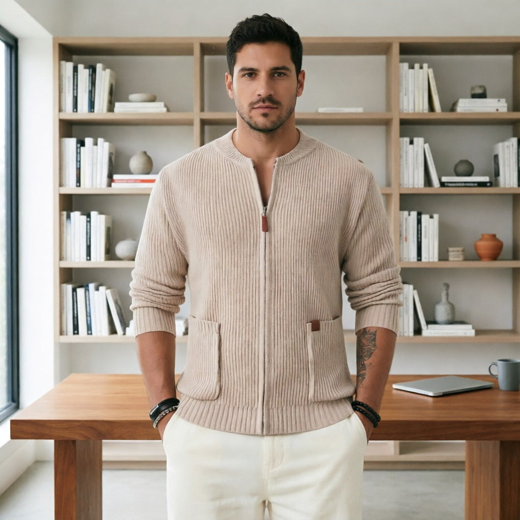 Herren Gerippte Strickjacke mit Frontreißverschluss und aufgesetzten Taschen Drune