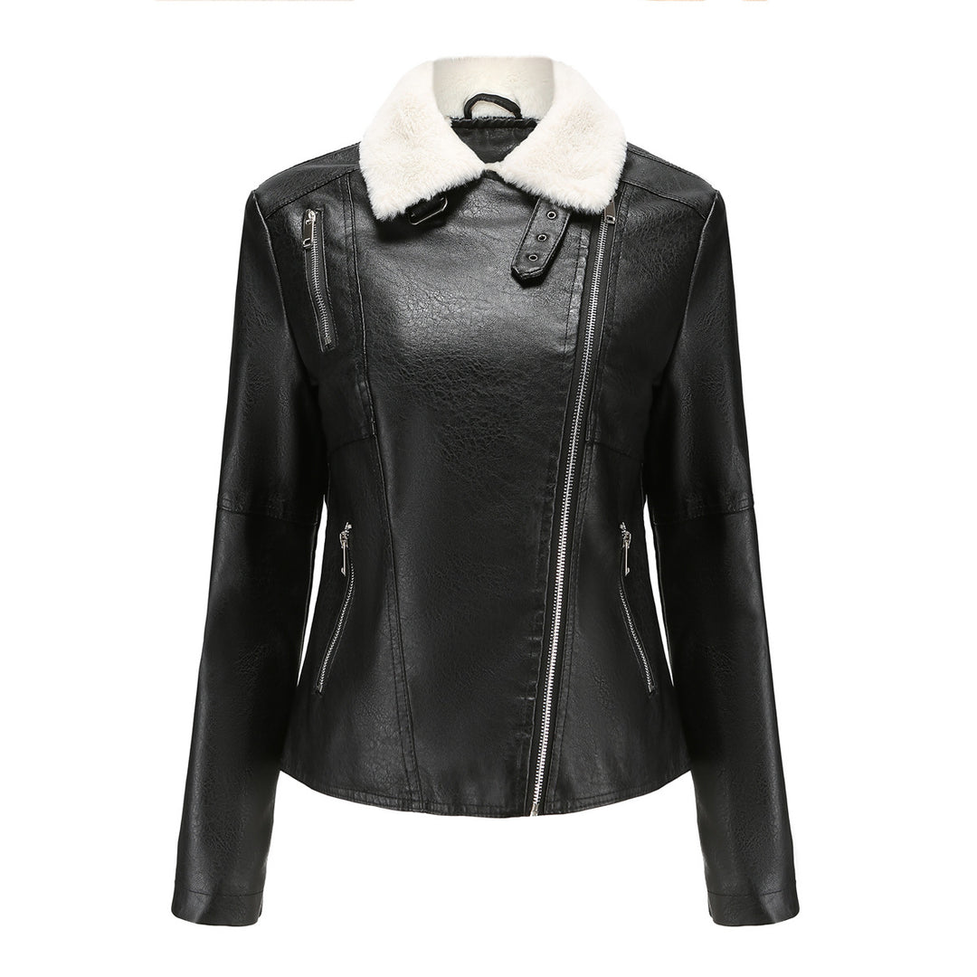 Damen nan taillierte Kunstleder-Bikerjacke mit abnehmbarem Kunstfellkragen und schrägem Reißverschluss Drune