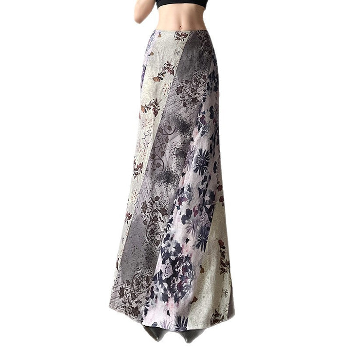 Damen Langer Maxirock mit diagonalen Patchwork-Prints und schlanker A-Linie Drune