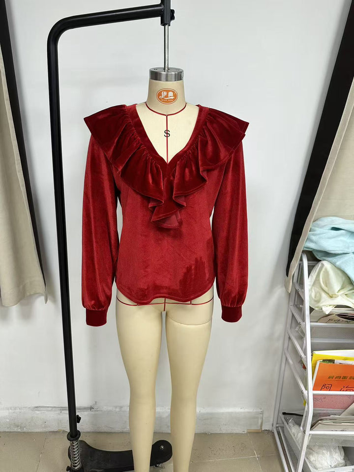 Damen Rüschige V-Ausschnitt-Bluse aus Chiffon mit Volantkragen und elastischen Manschetten Drune
