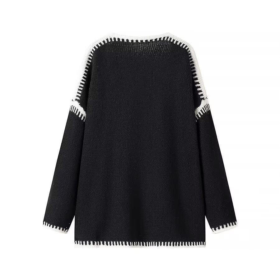 Damen Offene Strickjacke mit eleganten Kontrastnähten Drune