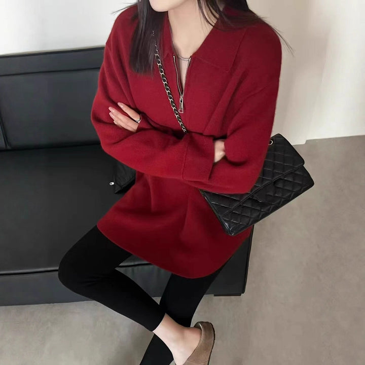 Damen Modischer Pullover mit Reißverschluss und Kragen Drune
