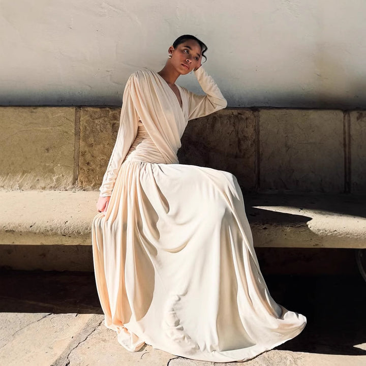 Damen Elegantes Wickel-Maxikleid mit tiefem V-Ausschnitt und Drapierung Drune