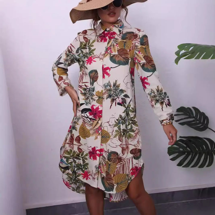 Damen Hemdblusenkleid mit exotischem Blumenmuster Drune