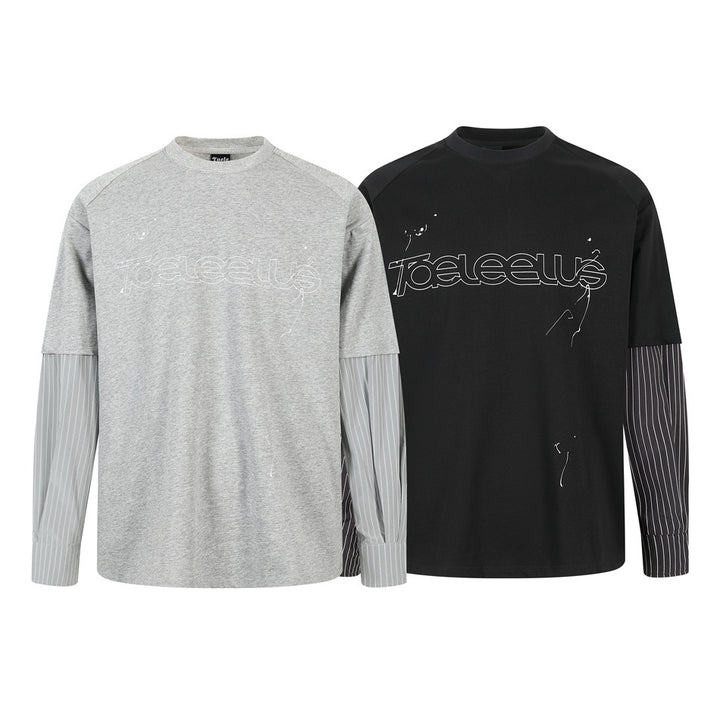 Unisex Lagen-Langarmshirt mit Halbarm-Overlay, gestreiften Einsatzärmeln und Ton-in-Ton-Logo Drune