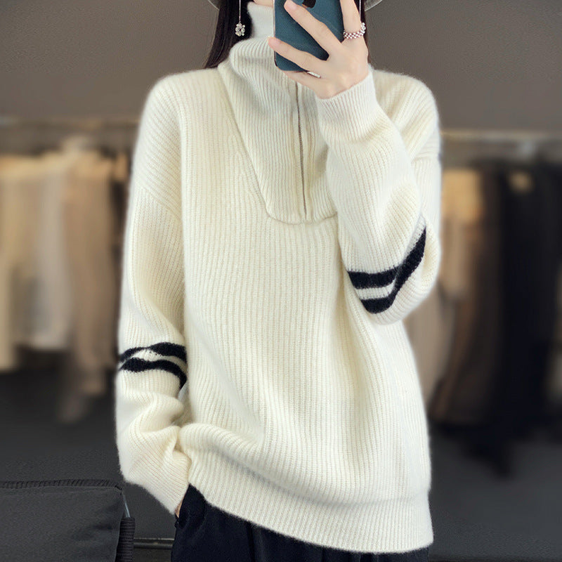Damen Rippenstrick-Pullover mit halbem Reißverschluss, hohem Stehkragen und lässiger Passform Drune