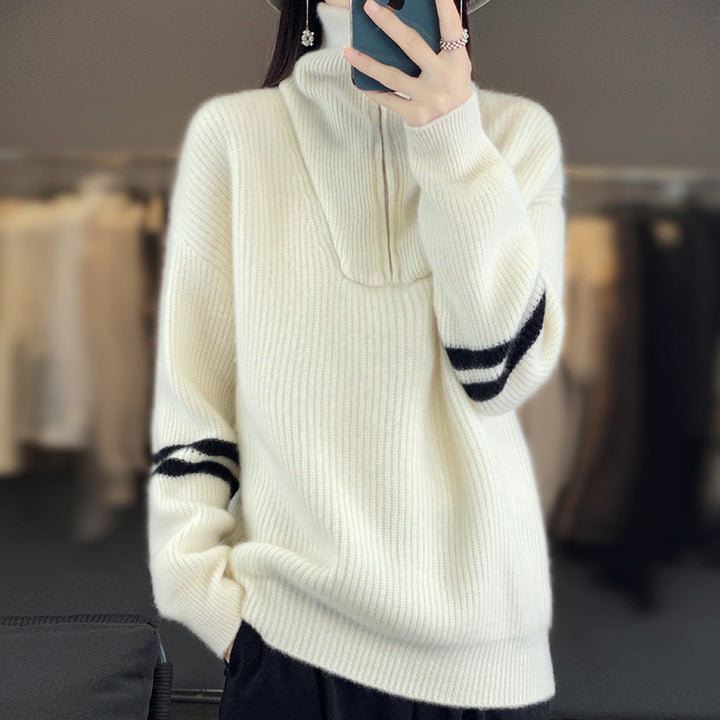 Damen Rippenstrick-Pullover mit halbem Reißverschluss, hohem Stehkragen und lässiger Passform Drune
