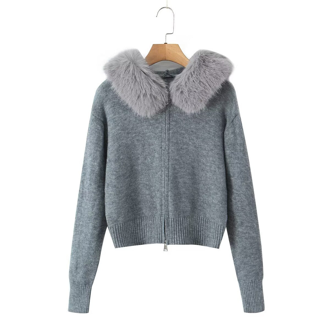 Damen Kurze Strickjacke mit Reißverschluss und abnehmbarem Kunstpelzkragen Drune