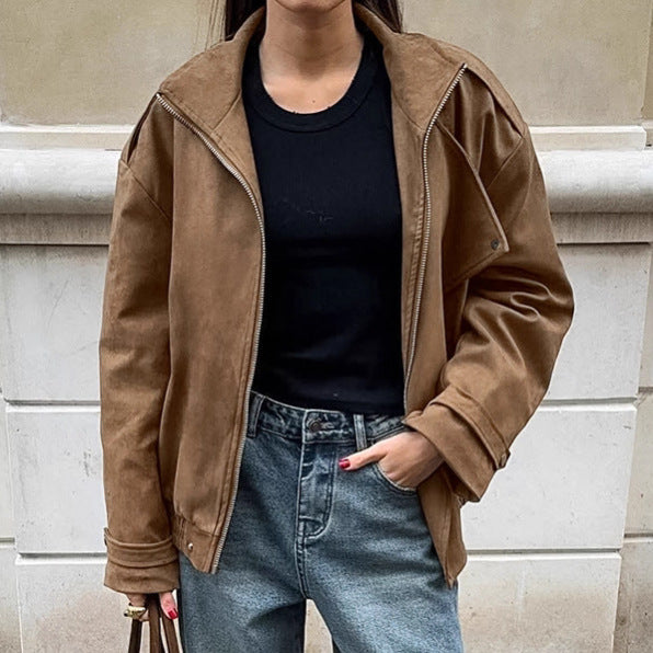 Damen Modische Suede-Bomberjacke mit praktischen Taschen und Reißverschluss Drune